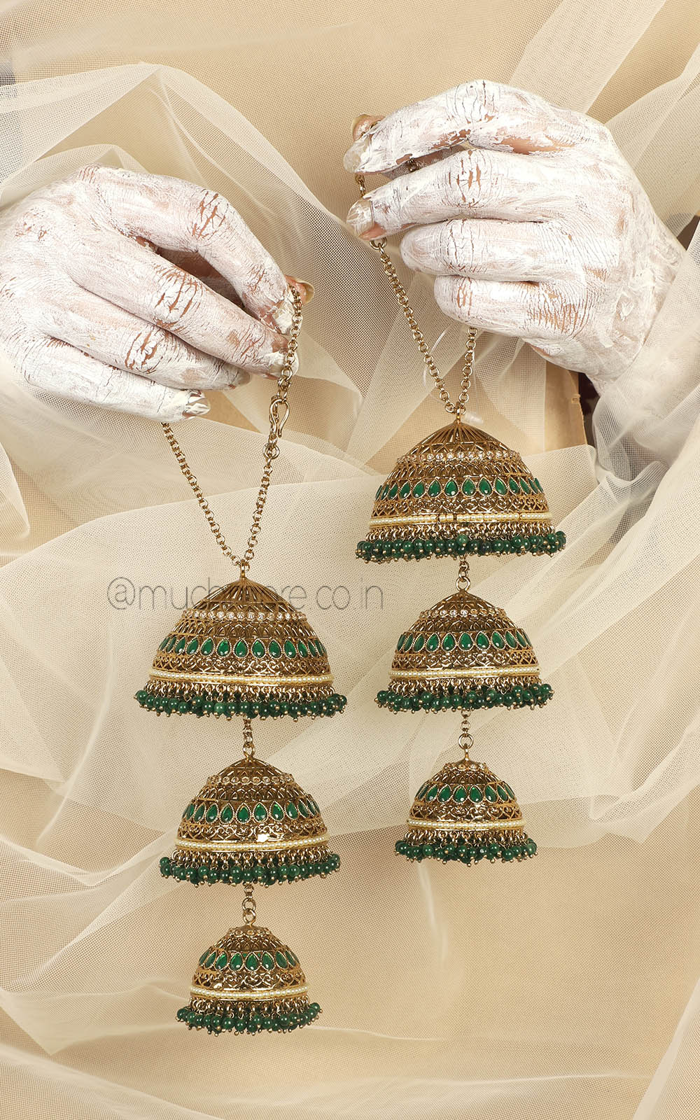 Designer Antique Gold Polish Reverse AD Emerald Green Kaliree