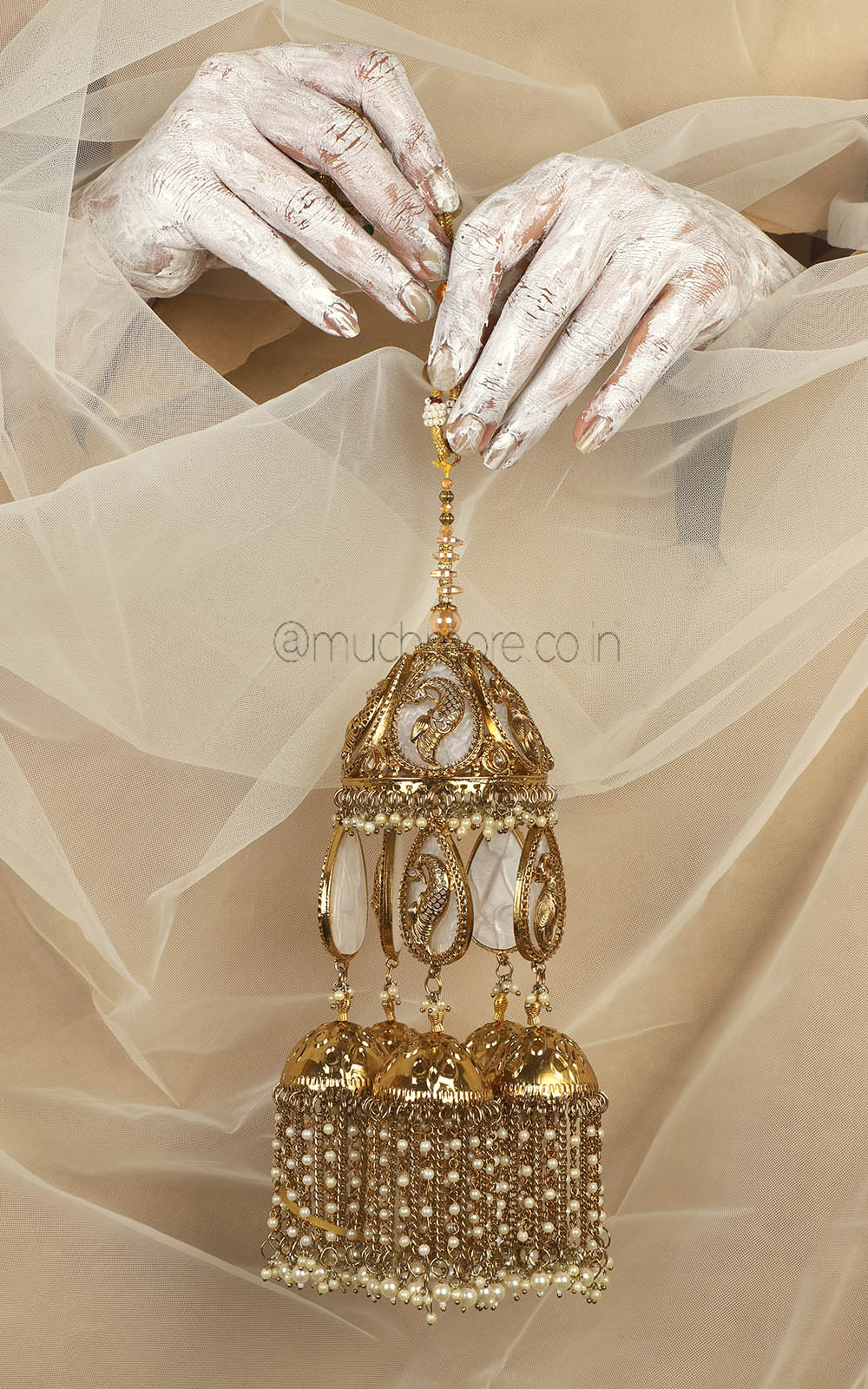 Peacock Kaleera With Pearl And Antique Gold Polish