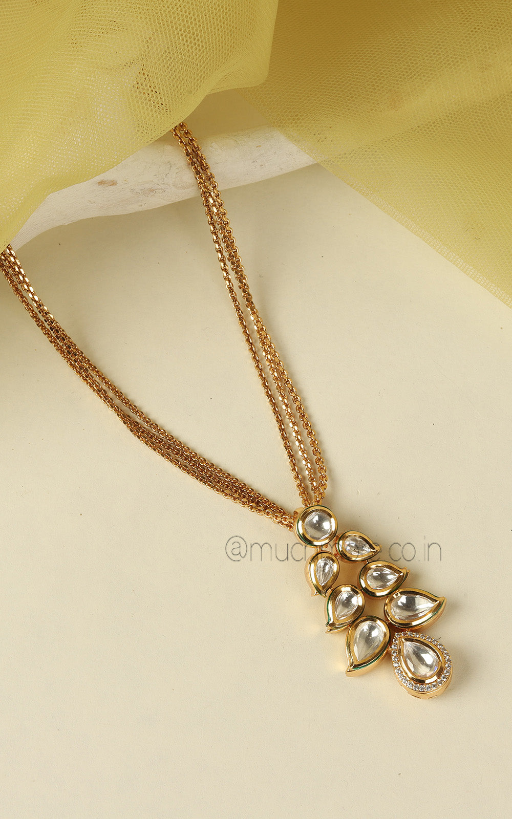 Classic Gold Polish Kundan Pendant With Chain And Earrings
