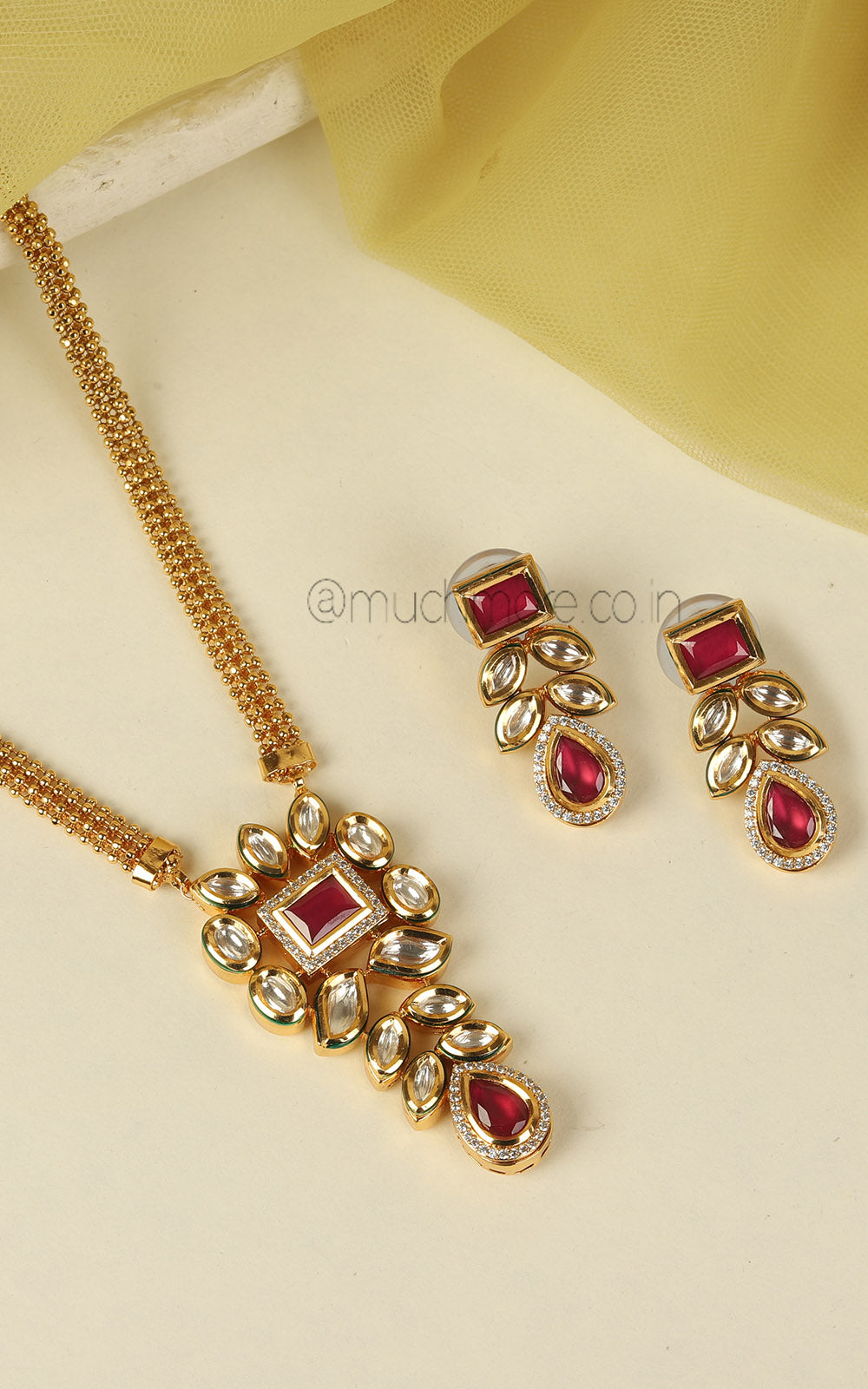 Classic Gold Ruby And Kundan Pendant With Earrings Set