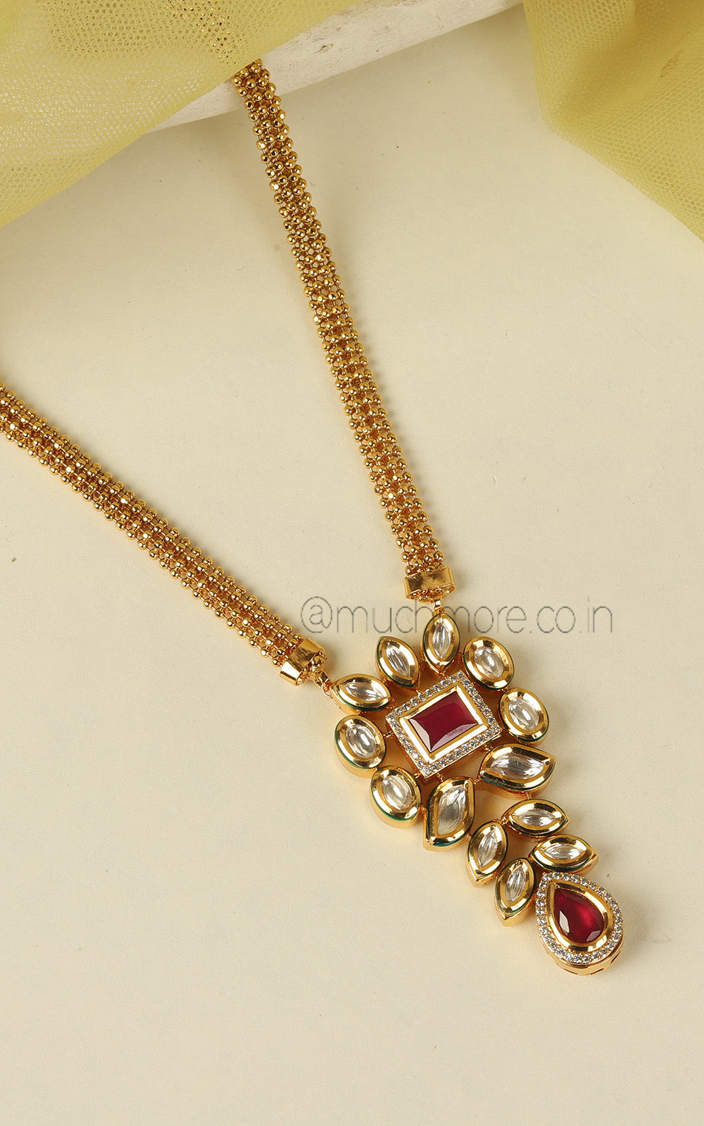 Classic Gold Ruby And Kundan Pendant With Earrings Set