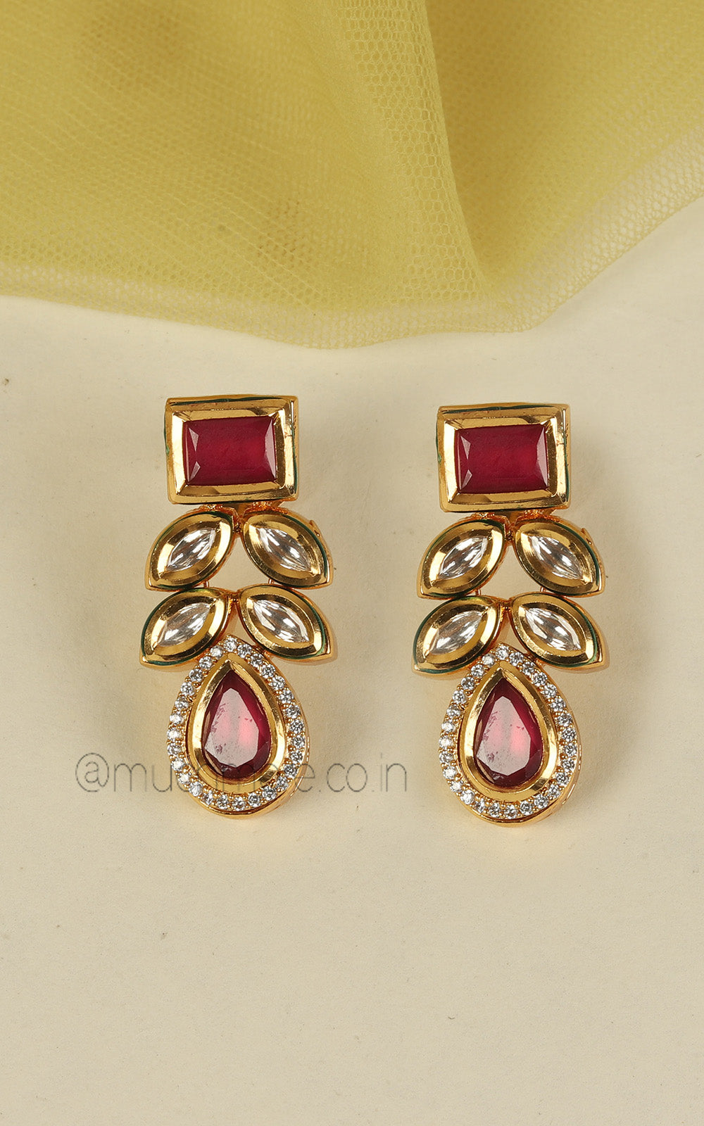Classic Gold Ruby And Kundan Pendant With Earrings Set