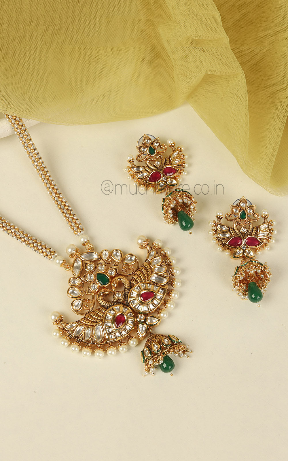 Ruby Green Kundan Peacock Pendant With Chain And Earrings