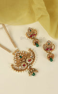 Ruby Green Kundan Peacock Pendant With Chain And Earrings