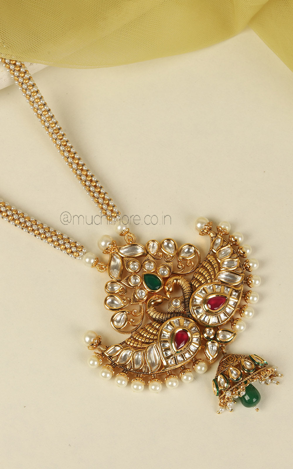 Ruby Green Kundan Peacock Pendant With Chain And Earrings