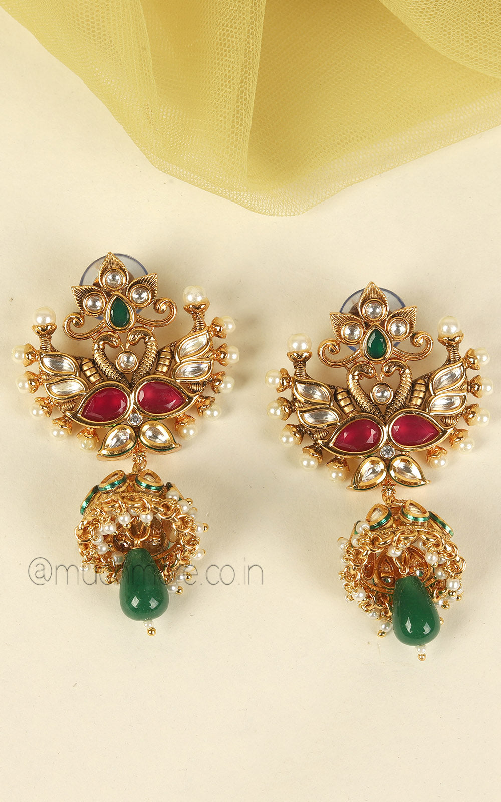 Ruby Green Kundan Peacock Pendant With Chain And Earrings