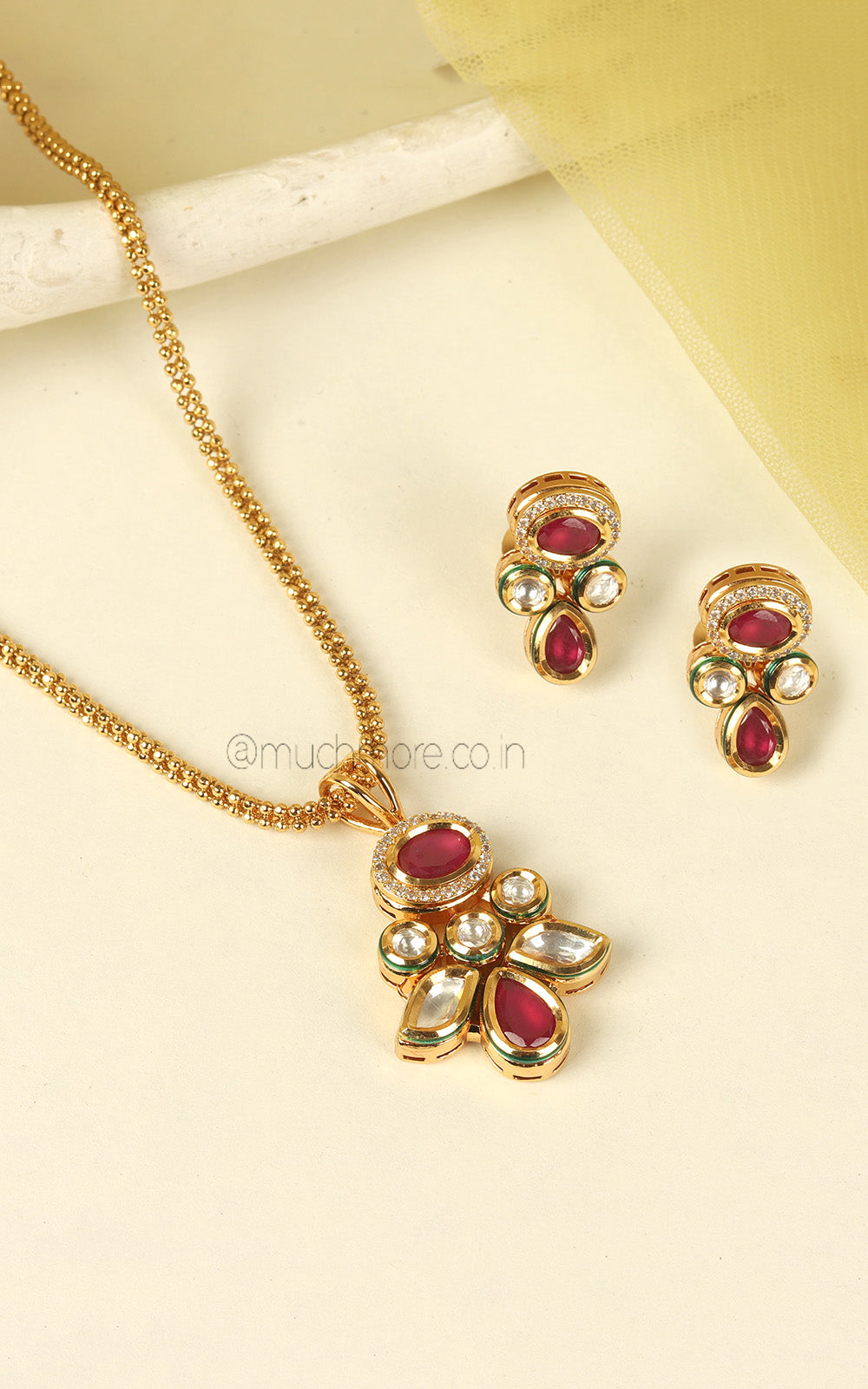 Classic Gold Polish Premium Quality Ruby Kundan Pendant With Earrings
