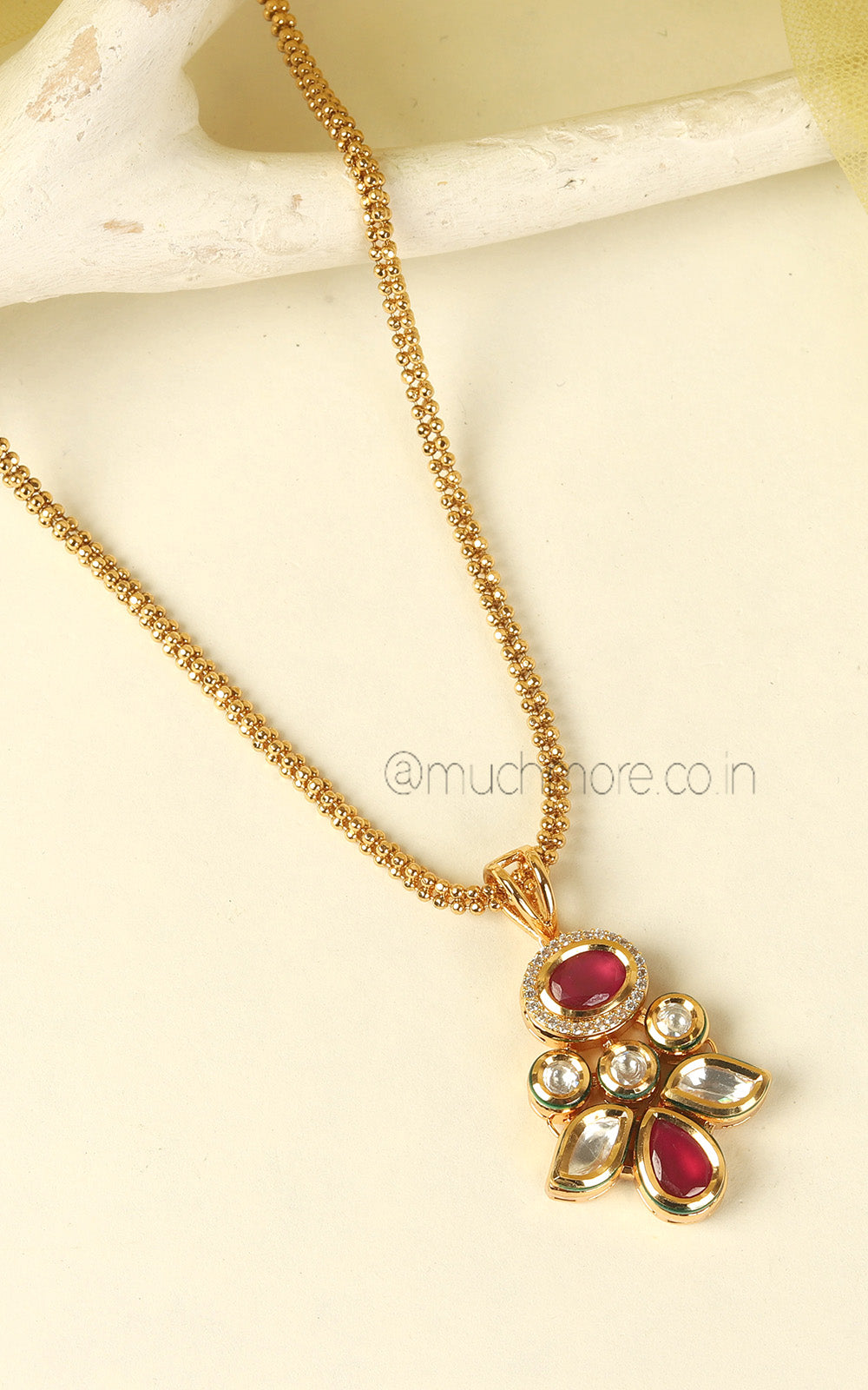 Classic Gold Polish Premium Quality Ruby Kundan Pendant With Earrings