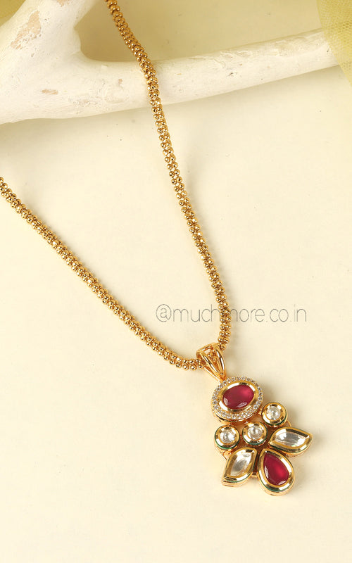 Classic Gold Polish Premium Quality Ruby Kundan Pendant With Earrings