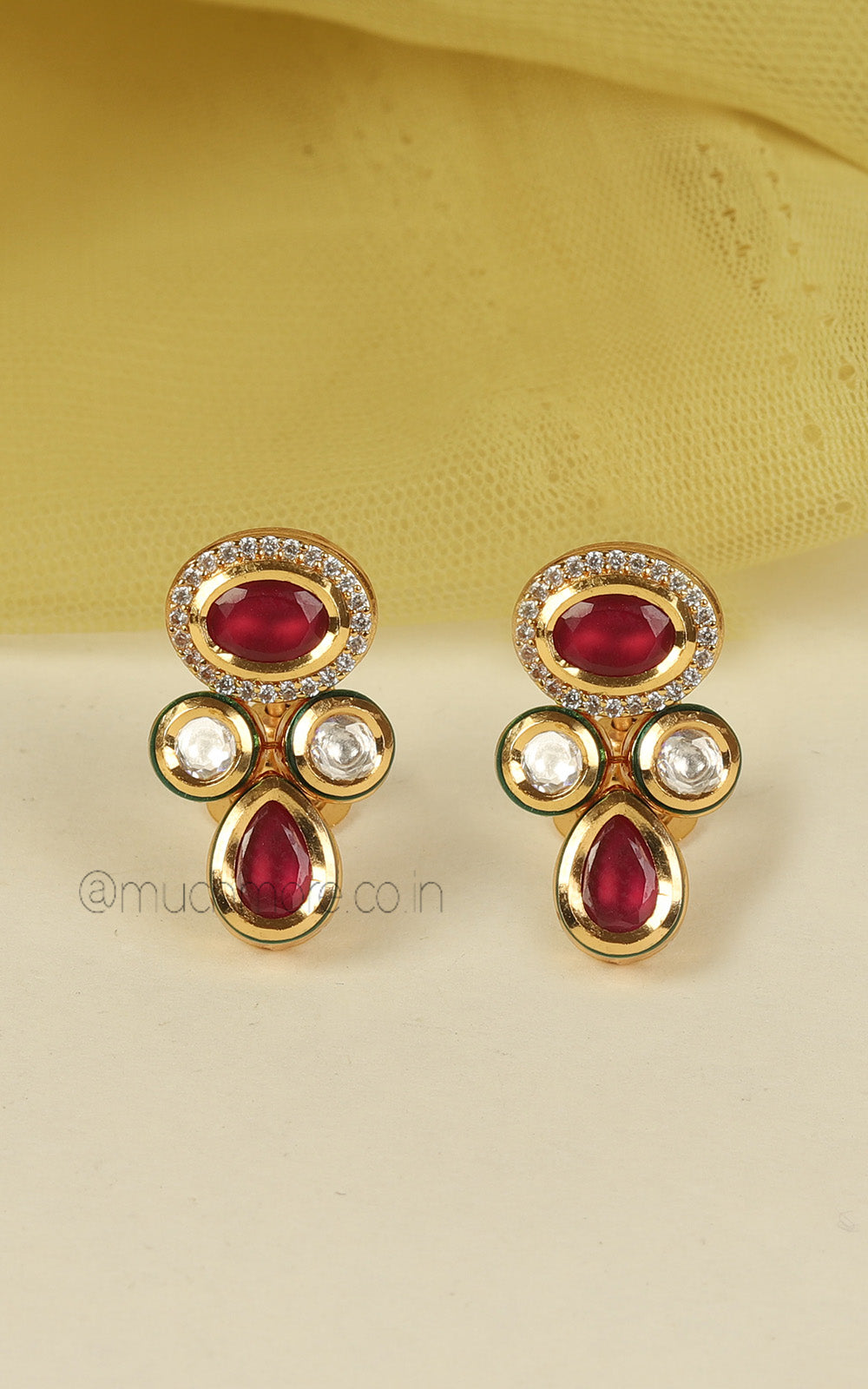 Classic Gold Polish Premium Quality Ruby Kundan Pendant With Earrings