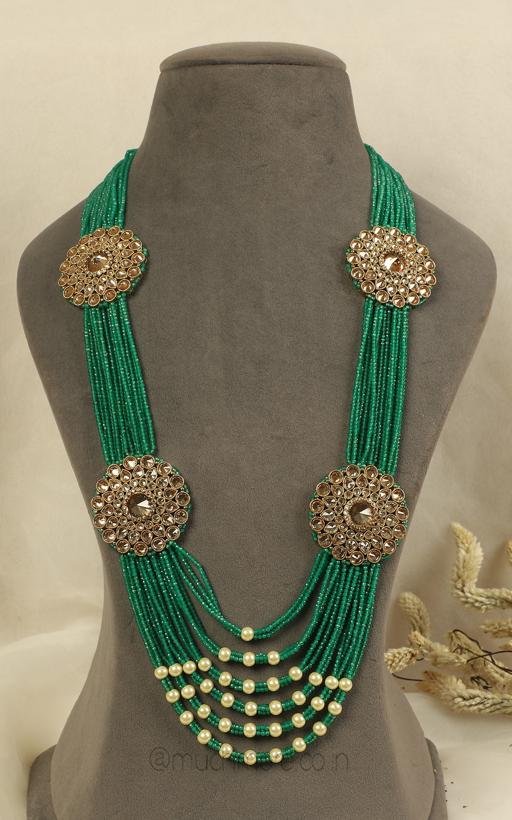 Green Beads With Antique Gold Brooch Groom Mala