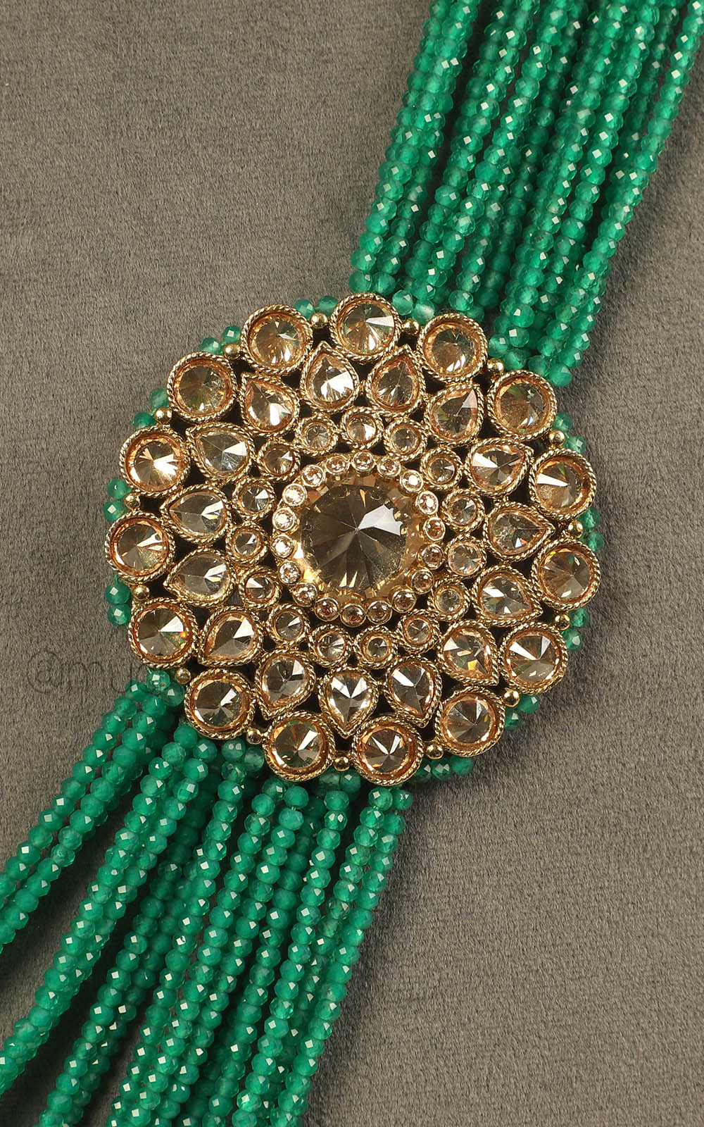Green Beads With Antique Gold Brooch Groom Mala