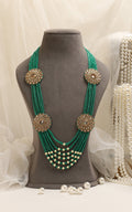 Green Beads With Antique Gold Brooch Groom Mala