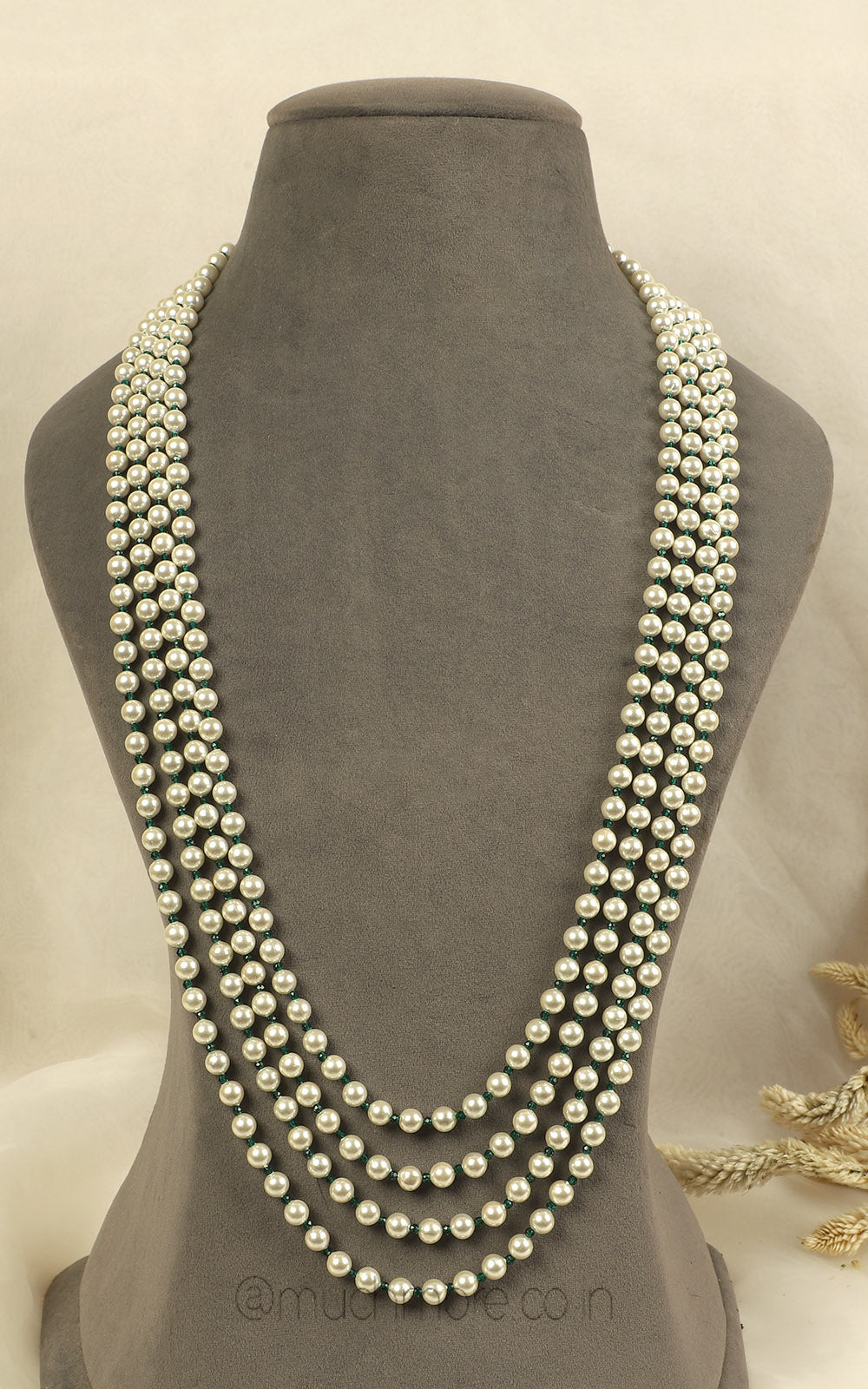 Buy Online Pearl With Emerald Beads Layer Unisex Mala