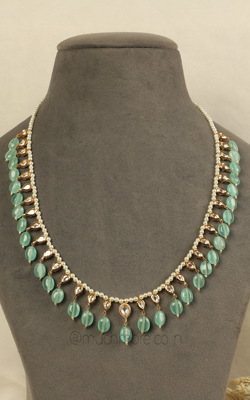 Mint Green Semi Precious Droplets Kundan Unisex Mala