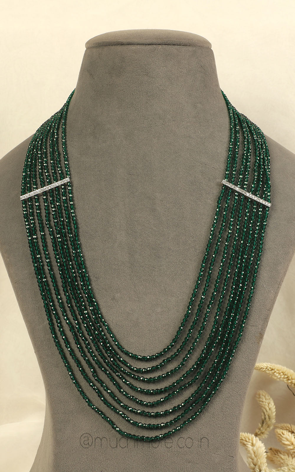 Dark Emerald Green Semi Precious Mala With Silver Polish