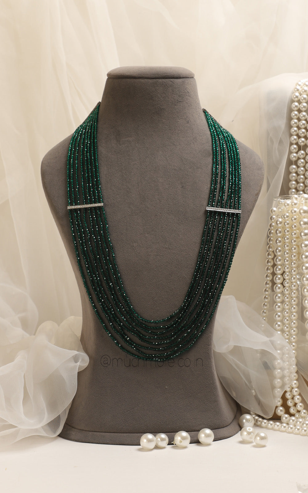 Dark Emerald Green Semi Precious Mala With Silver Polish