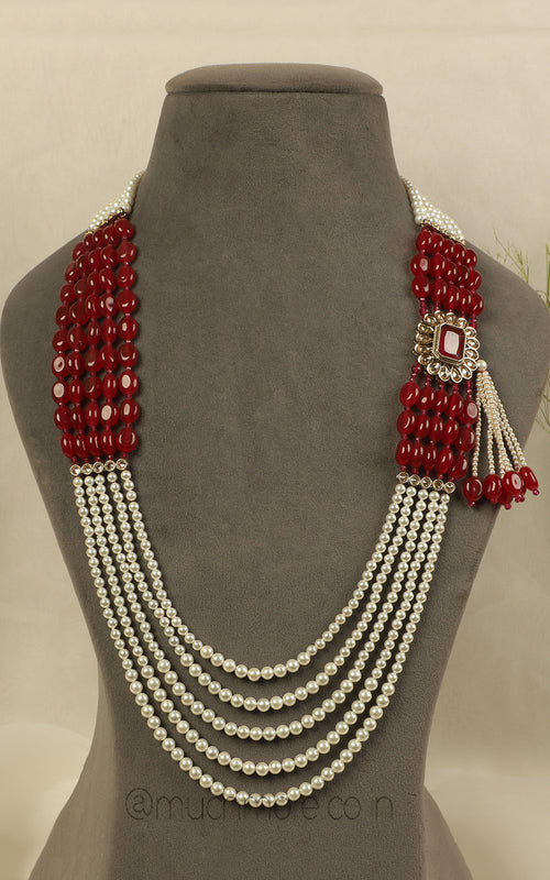 Antique Gold Polish Brooch With Ruby And Pearl Sherwani Mala