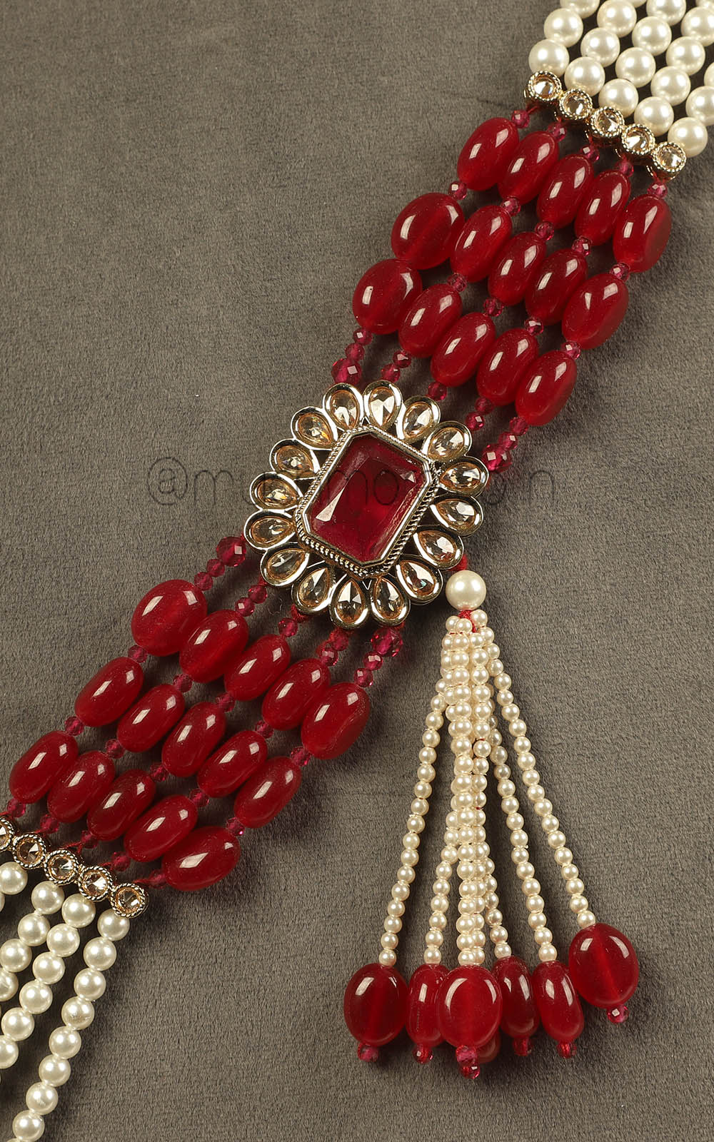 Antique Gold Polish Brooch With Ruby And Pearl Sherwani Mala