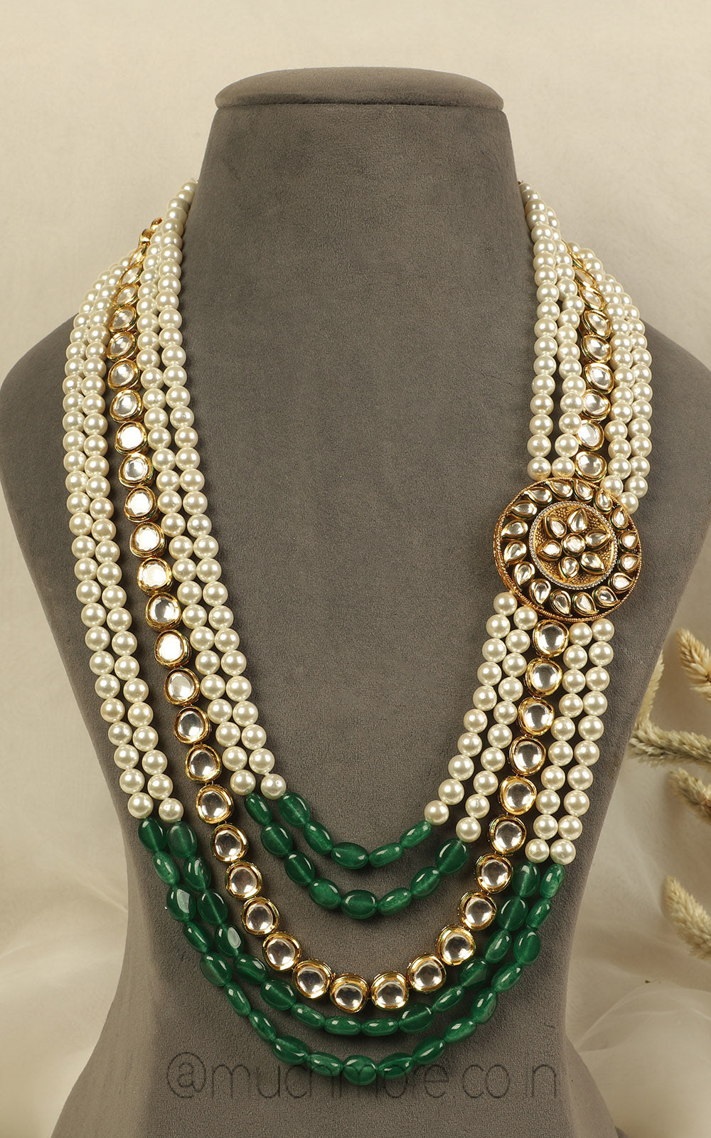 Emerald Green Kundan With Pearl Sherwani Mala For Groom