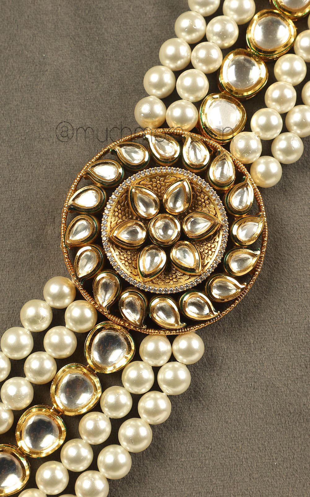 Emerald Green Kundan With Pearl Sherwani Mala For Groom