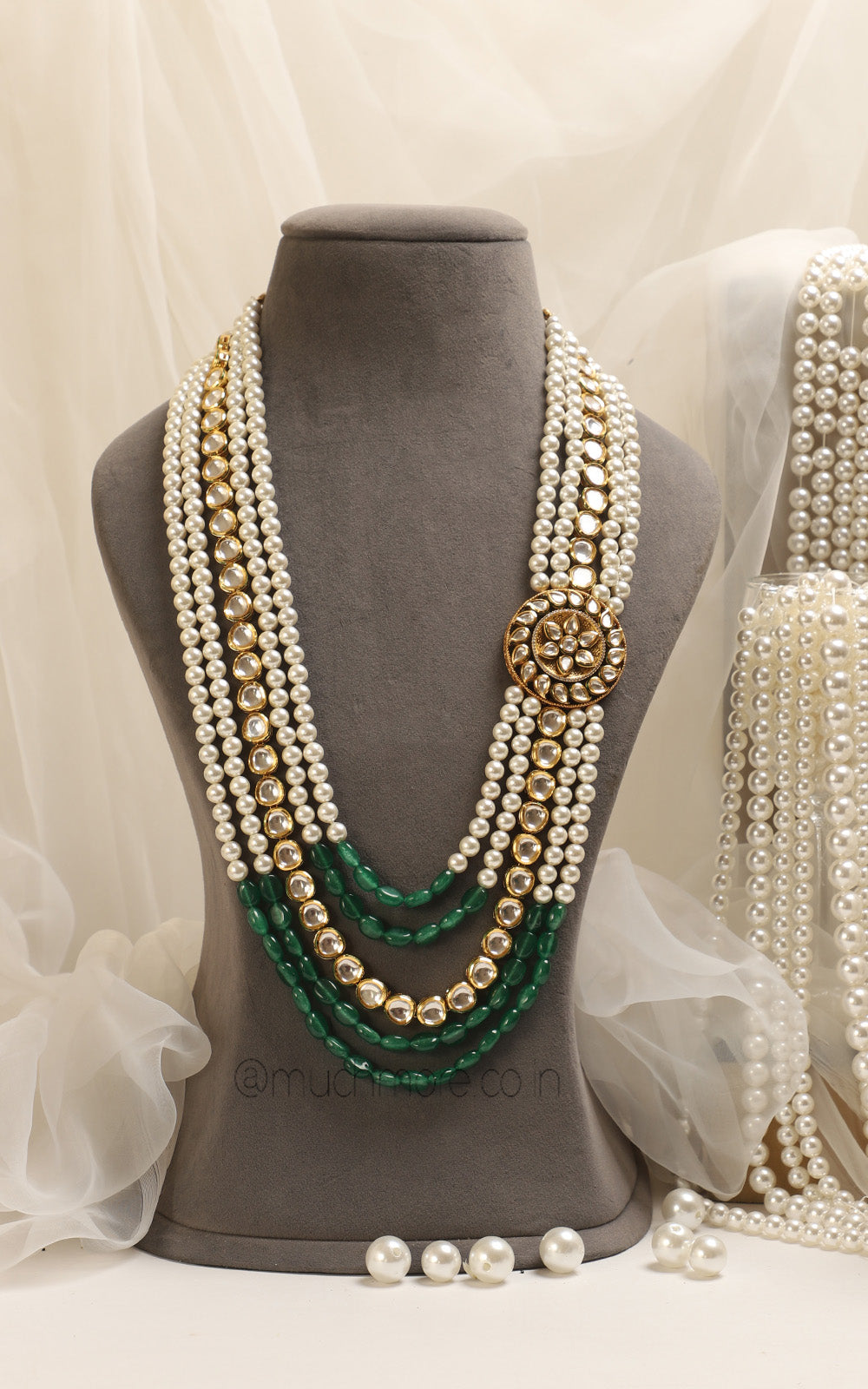 Emerald Green Kundan With Pearl Sherwani Mala For Groom