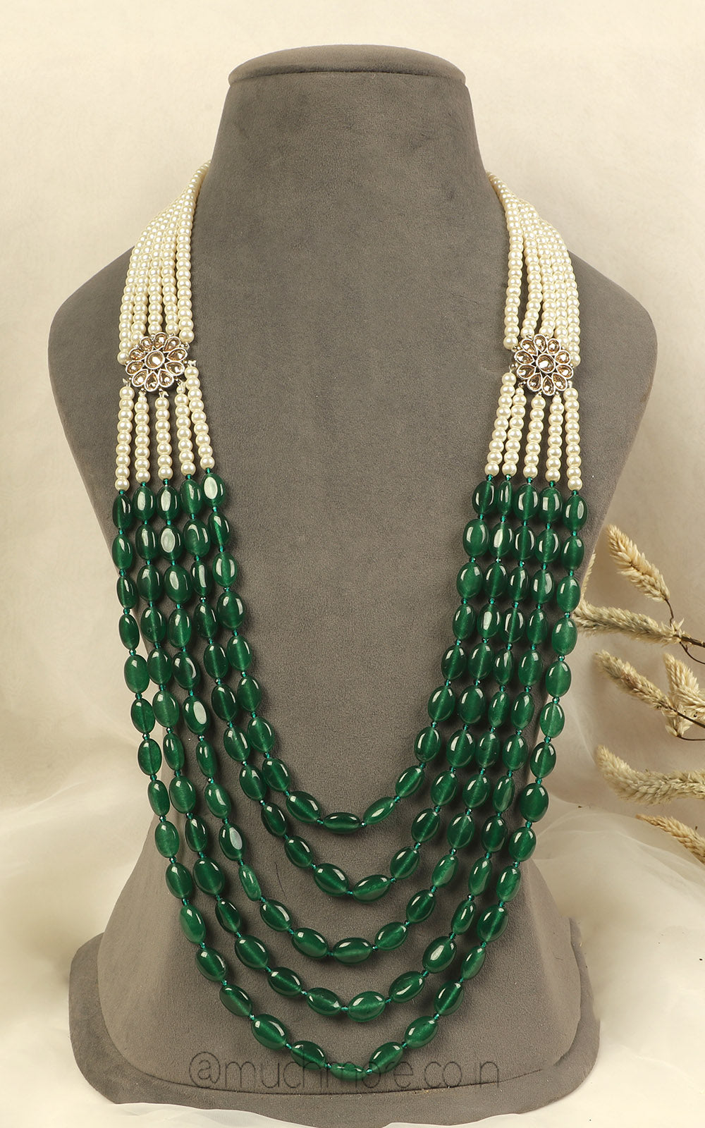 Emerald Green With Pearl And Side Cute Brooch Long Mala For Groom