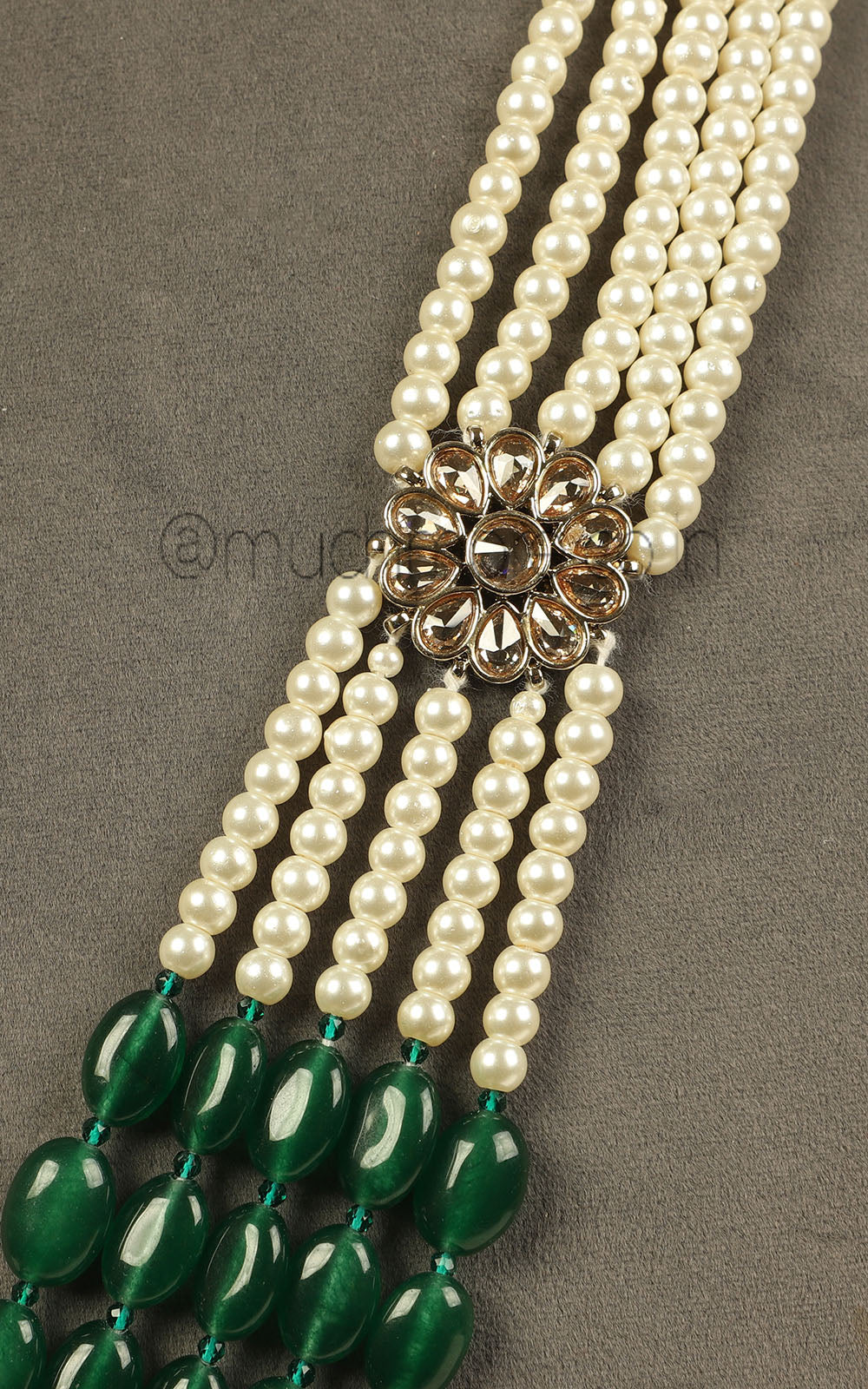 Emerald Green With Pearl And Side Cute Brooch Long Mala For Groom