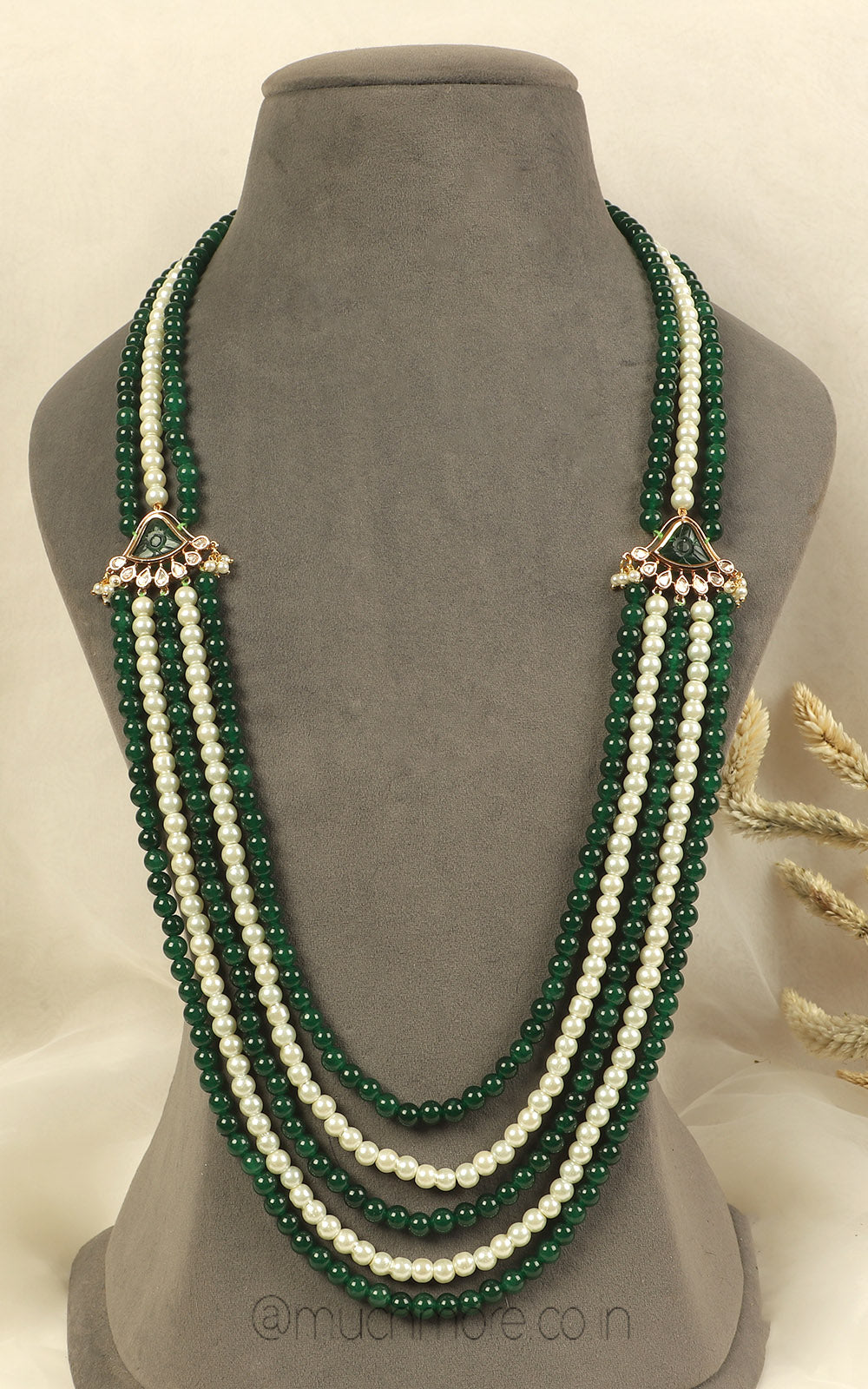 Shop Now Pearl With Emerald Beads Long Mala For Groom