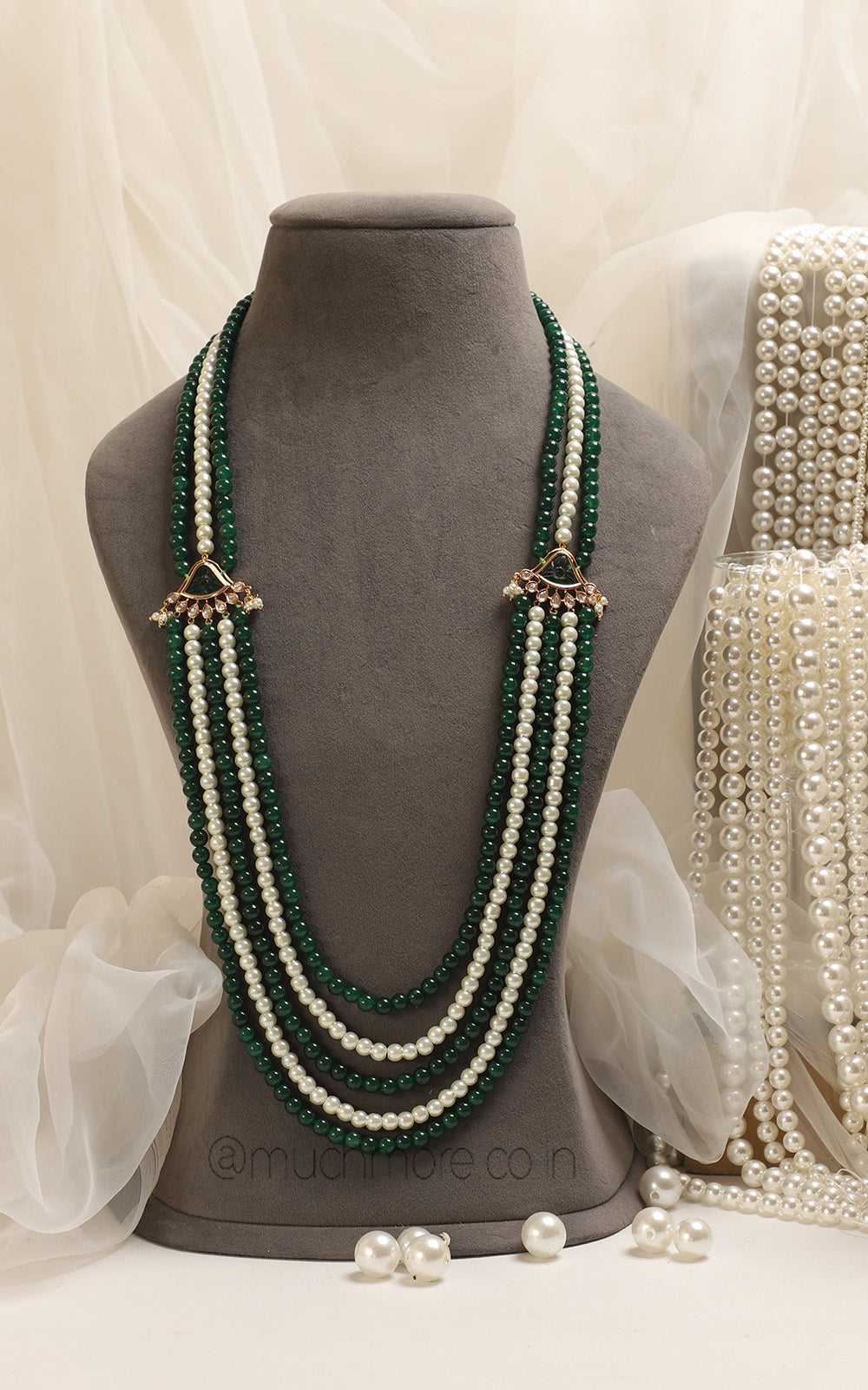 Shop Now Pearl With Emerald Beads Long Mala For Groom