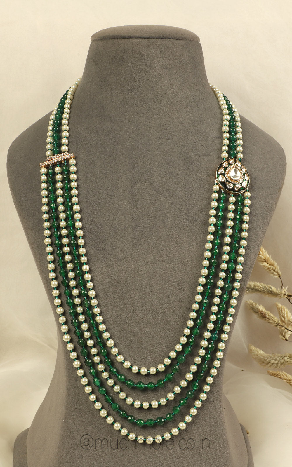 Designer And Statement Kundan With Emerald Beads Long Mala