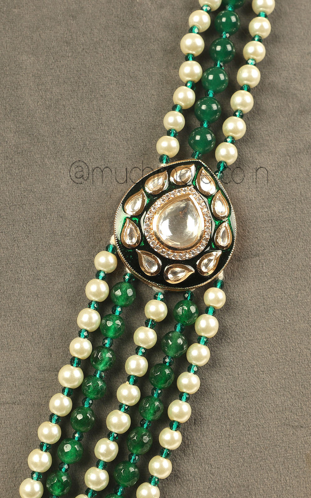 Designer And Statement Kundan With Emerald Beads Long Mala