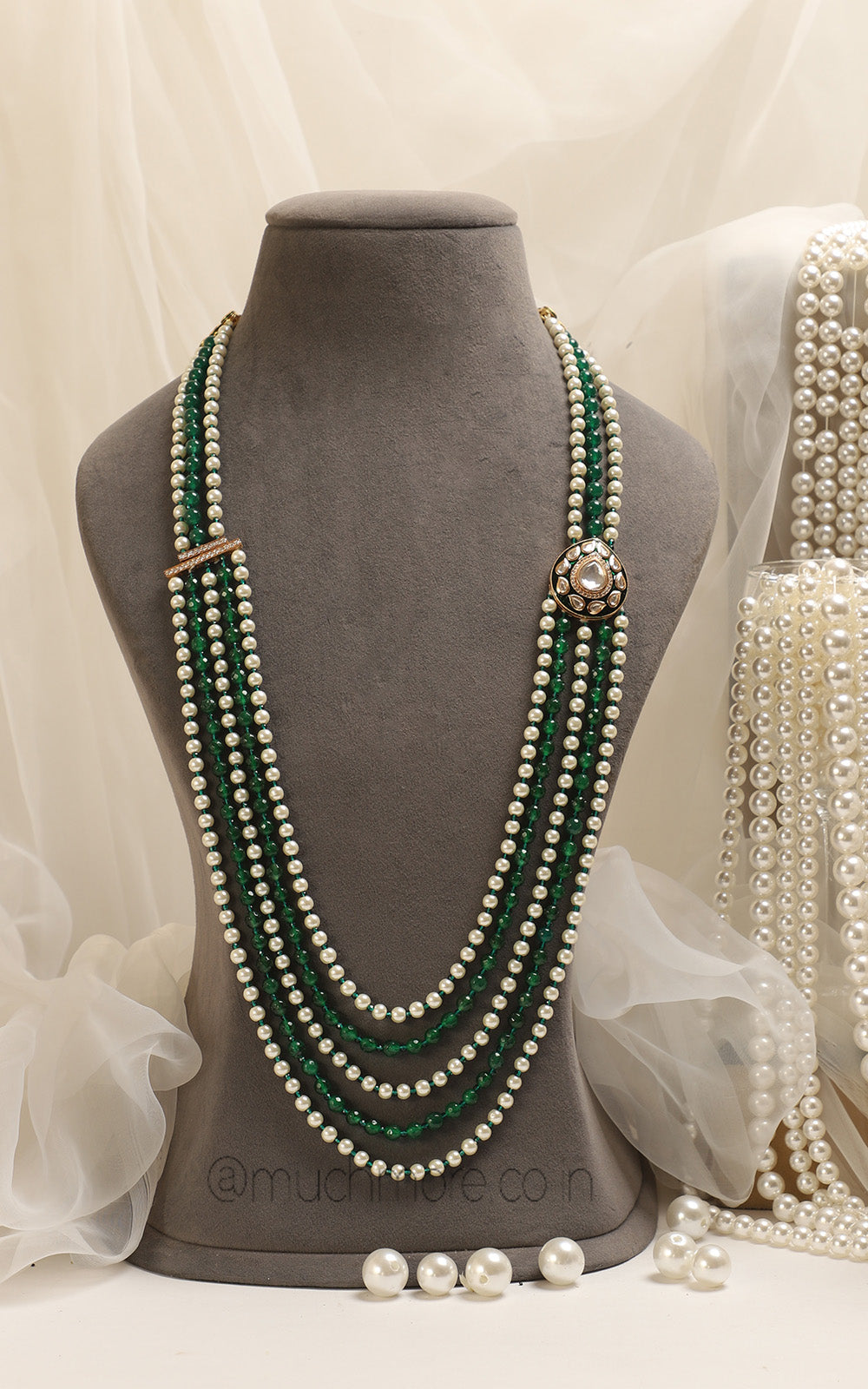 Designer And Statement Kundan With Emerald Beads Long Mala