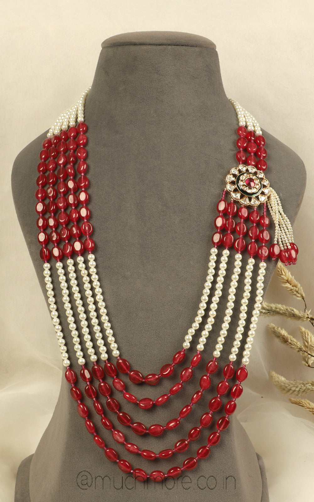 Ruby With Pearl Classic Kundan Side Brooch Groom Mala