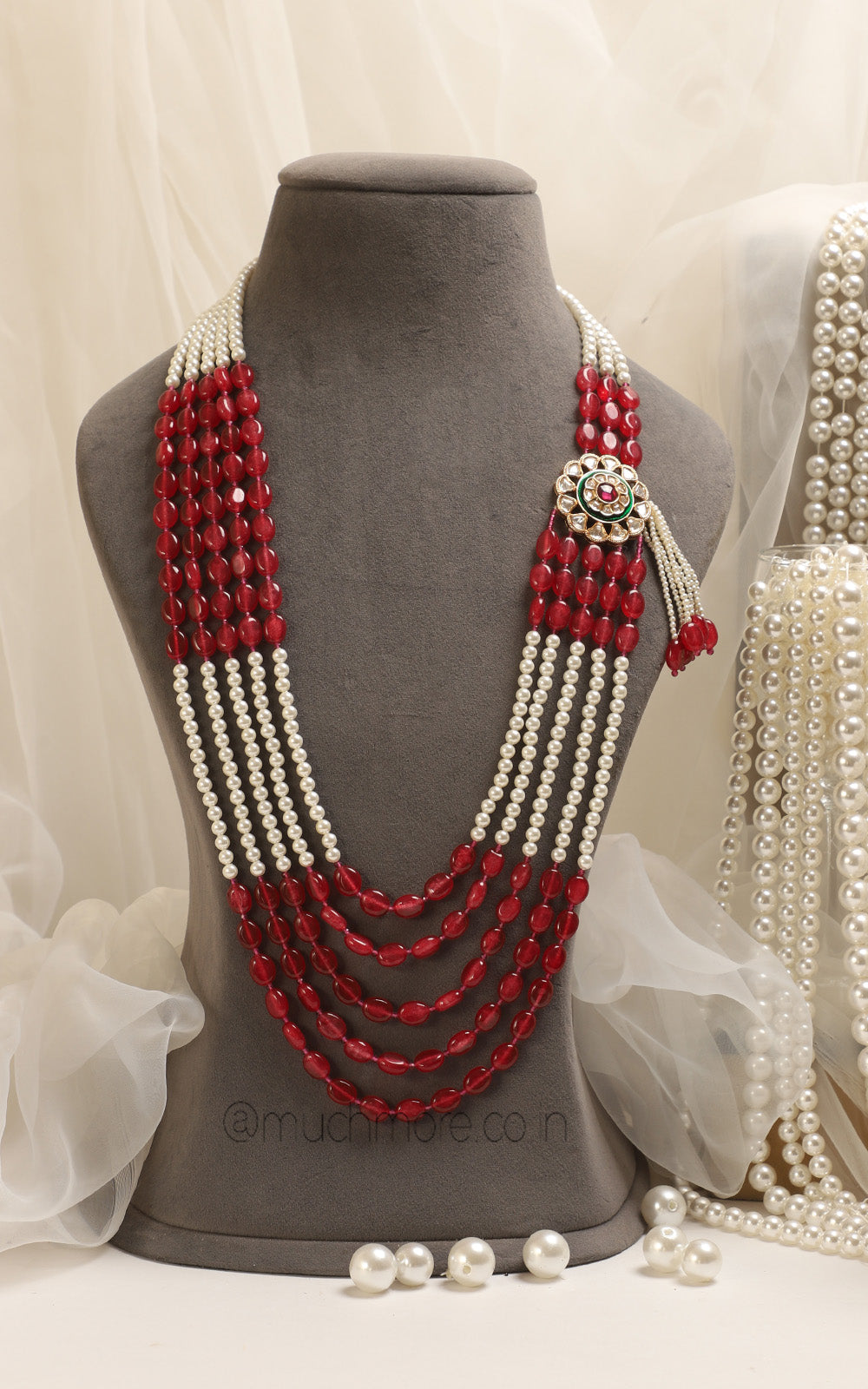 Ruby With Pearl Classic Kundan Side Brooch Groom Mala