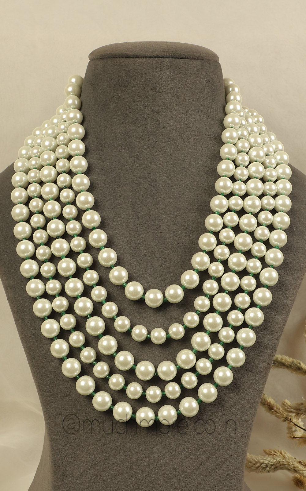 Pearl Layer Semi Long Mala With Emerald Beads Shop Online