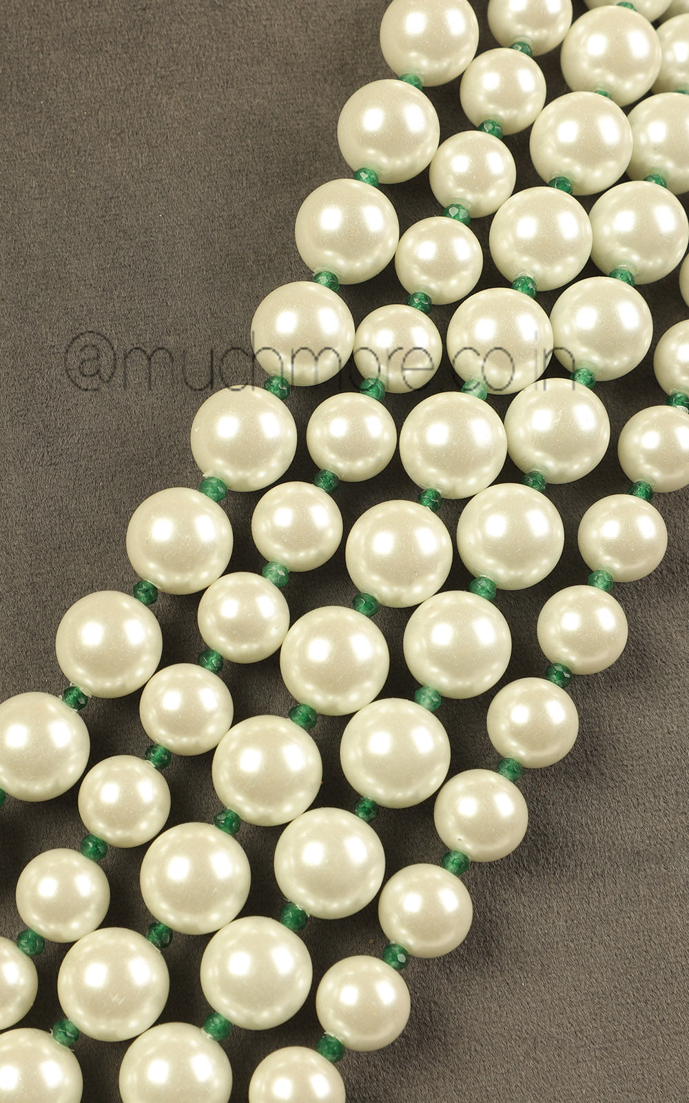 Pearl Layer Semi Long Mala With Emerald Beads Shop Online
