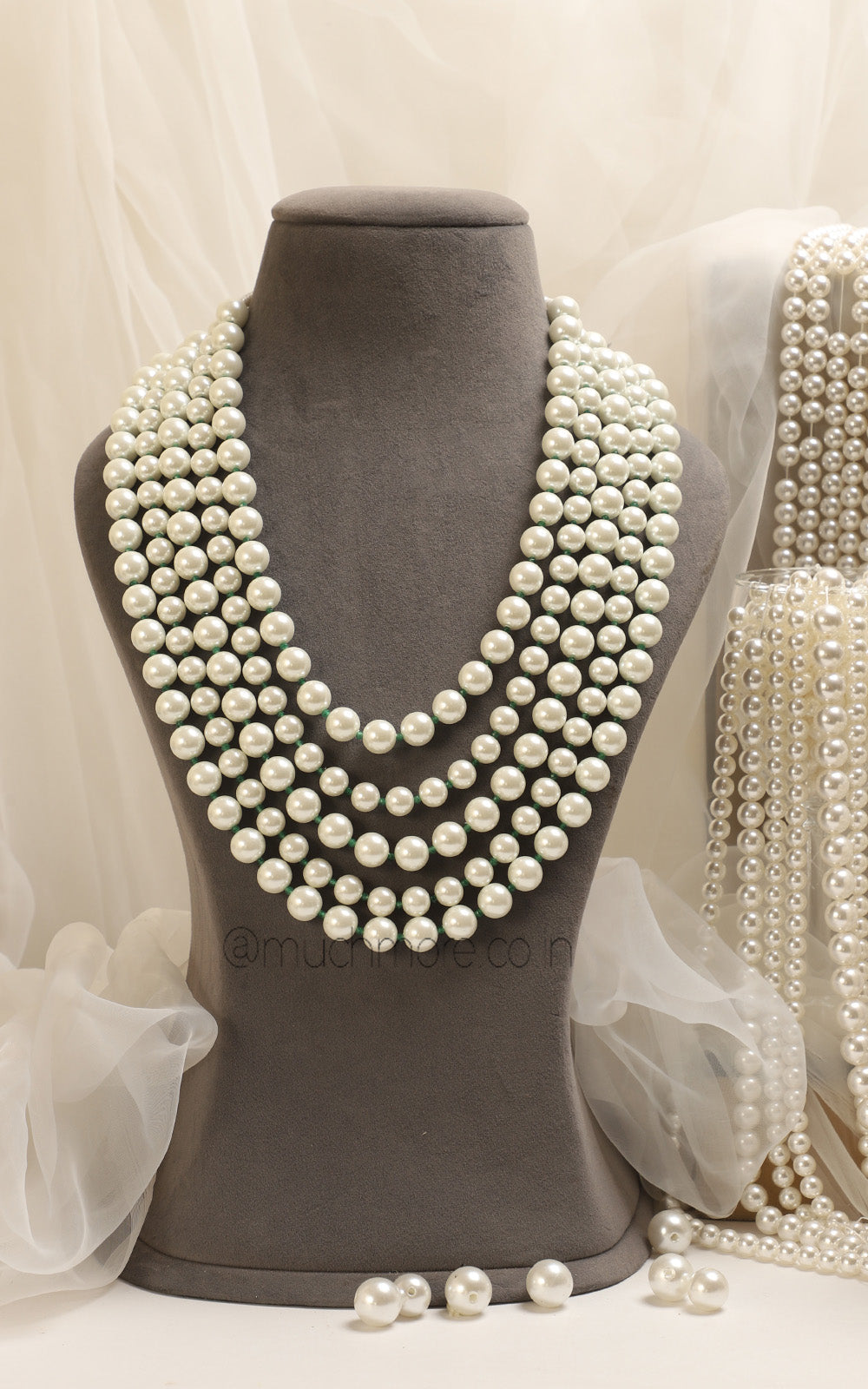 Pearl Layer Semi Long Mala With Emerald Beads Shop Online