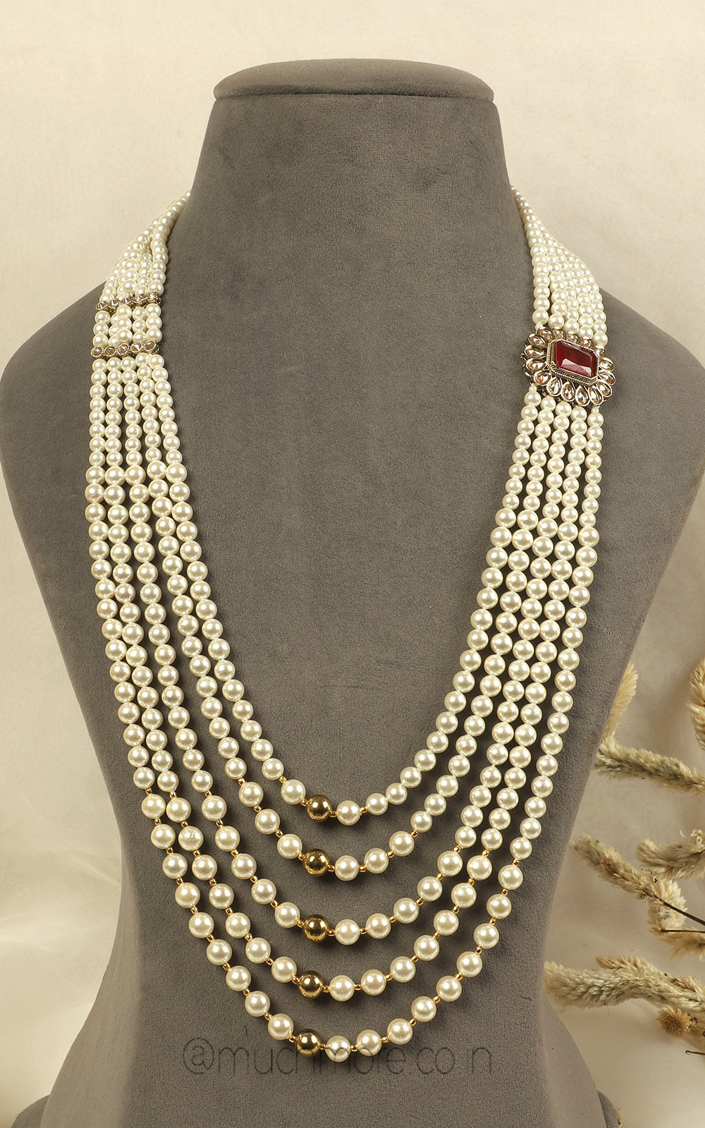 Long Mala Made With Pearl And Gold beads With Ruby Brooch