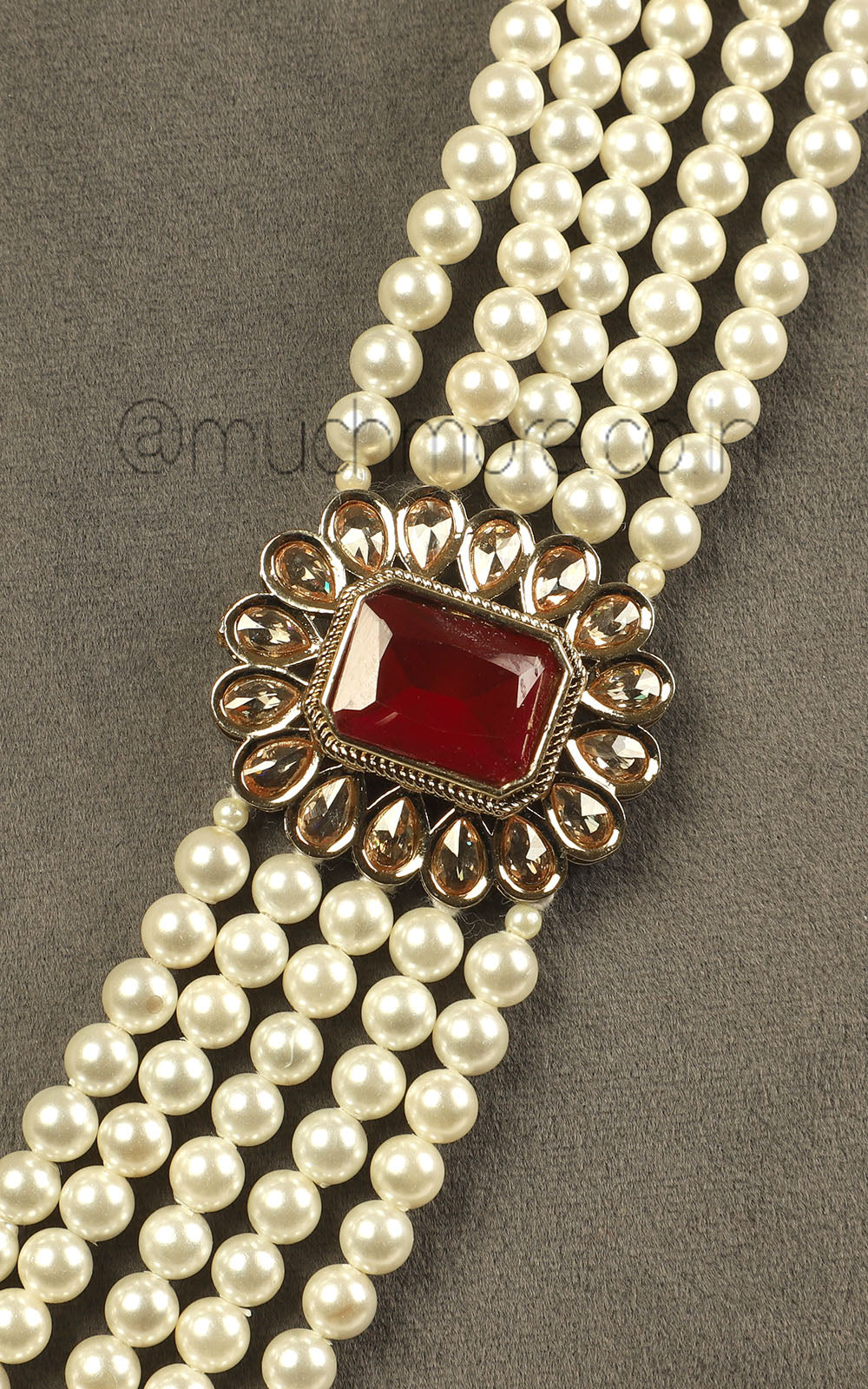 Long Mala Made With Pearl And Gold beads With Ruby Brooch