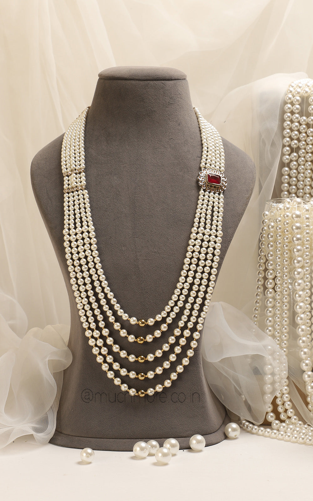 Long Mala Made With Pearl And Gold beads With Ruby Brooch