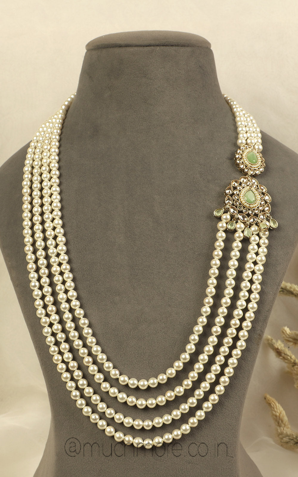 Mint Green Brooch Studded Pearl Long Mala In 4 Layers