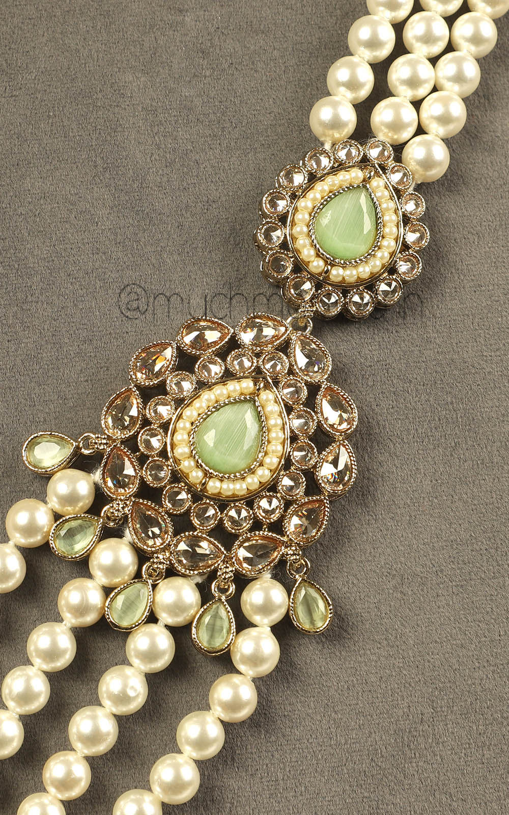 Mint Green Brooch Studded Pearl Long Mala In 4 Layers