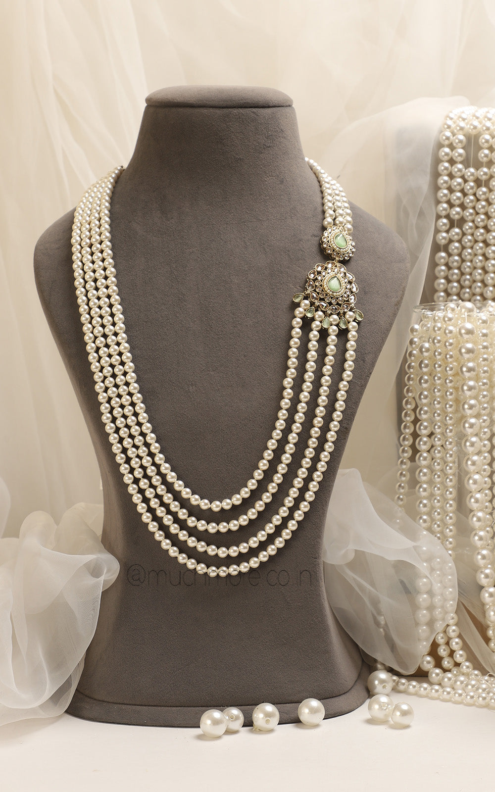 Mint Green Brooch Studded Pearl Long Mala In 4 Layers