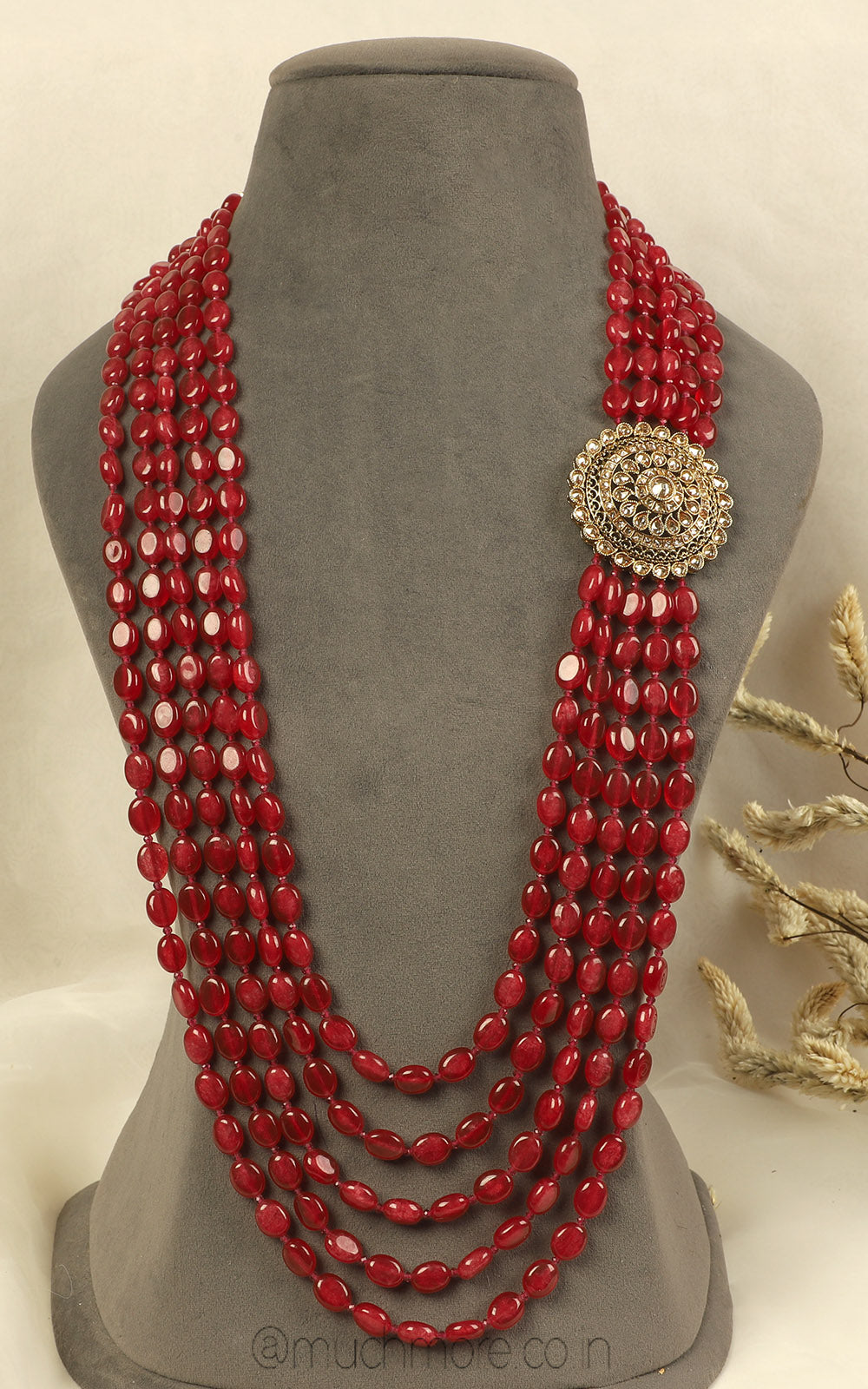 Ruby Sherwani Mala With Side Round Antique Brooch