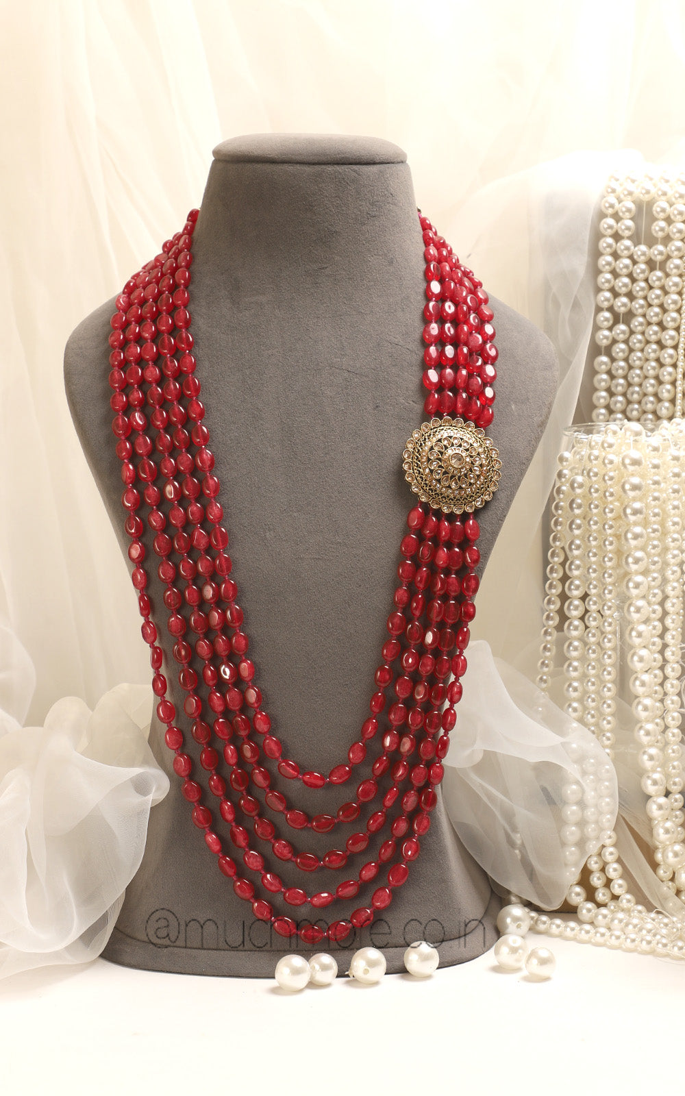 Ruby Sherwani Mala With Side Round Antique Brooch