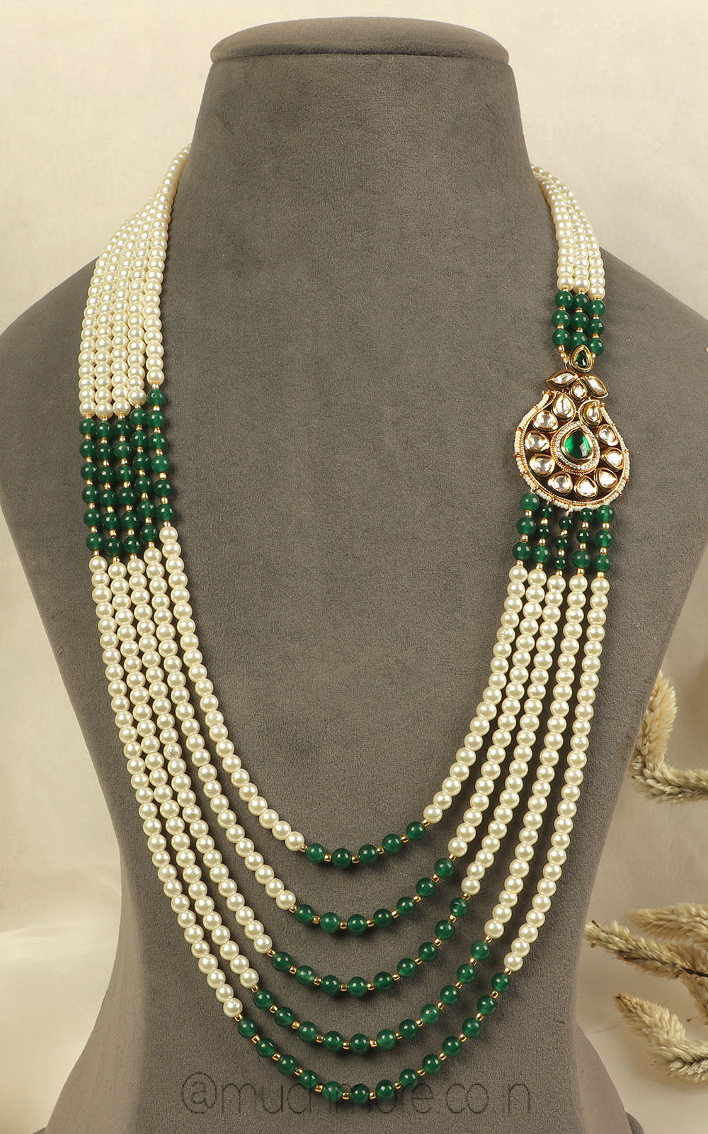 Emerald Green Pearl And Kundan Royal Mala For Groom