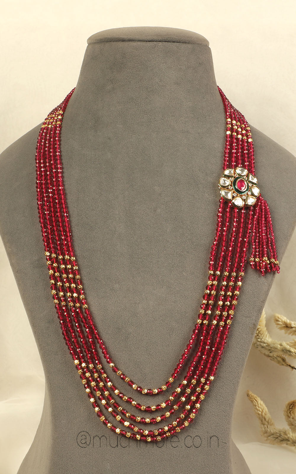 Hand Beaded Ruby Long Mala With Kundan Brooch