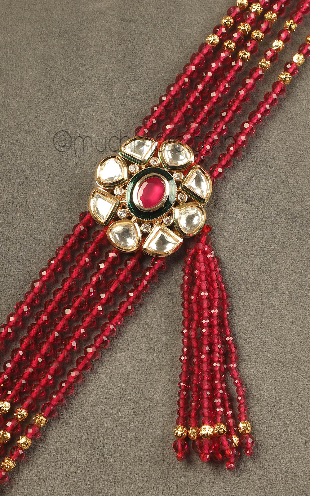 Hand Beaded Ruby Long Mala With Kundan Brooch