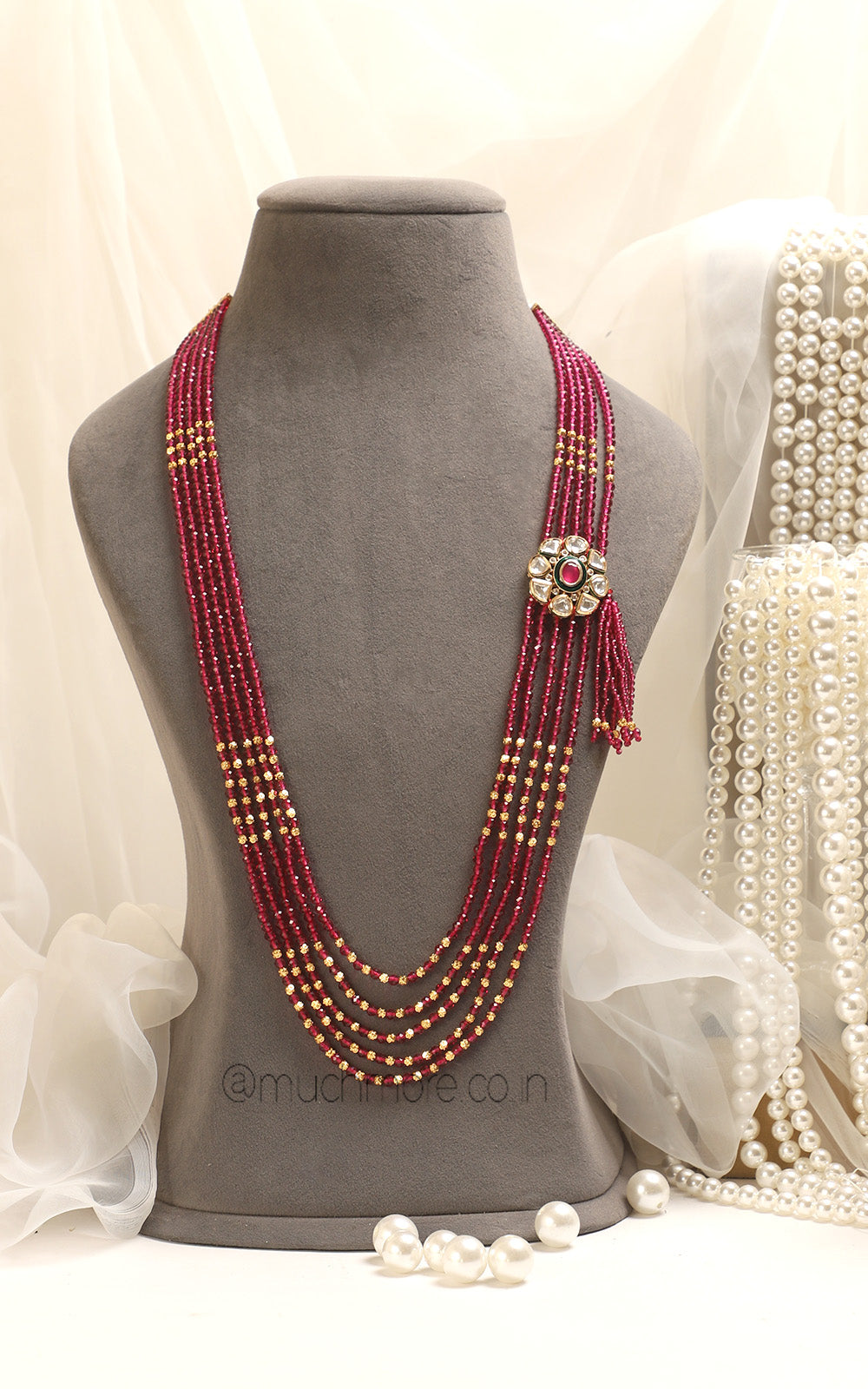 Hand Beaded Ruby Long Mala With Kundan Brooch